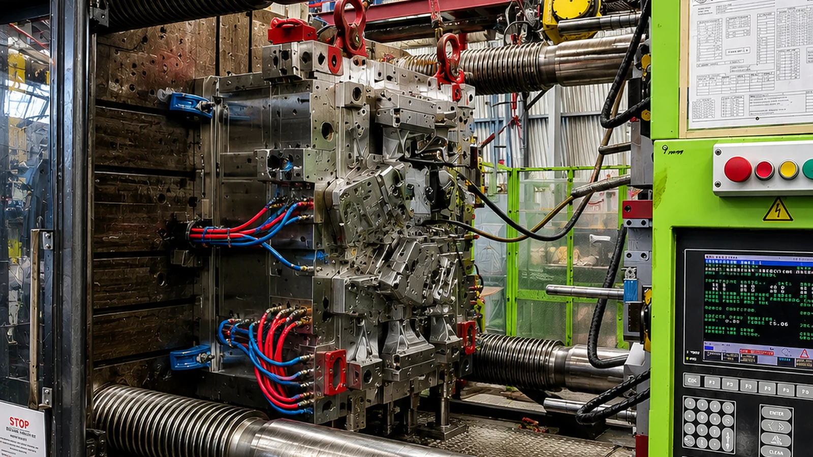 Automotive mould installed in a large injection moulding machine for machine-side commissioning