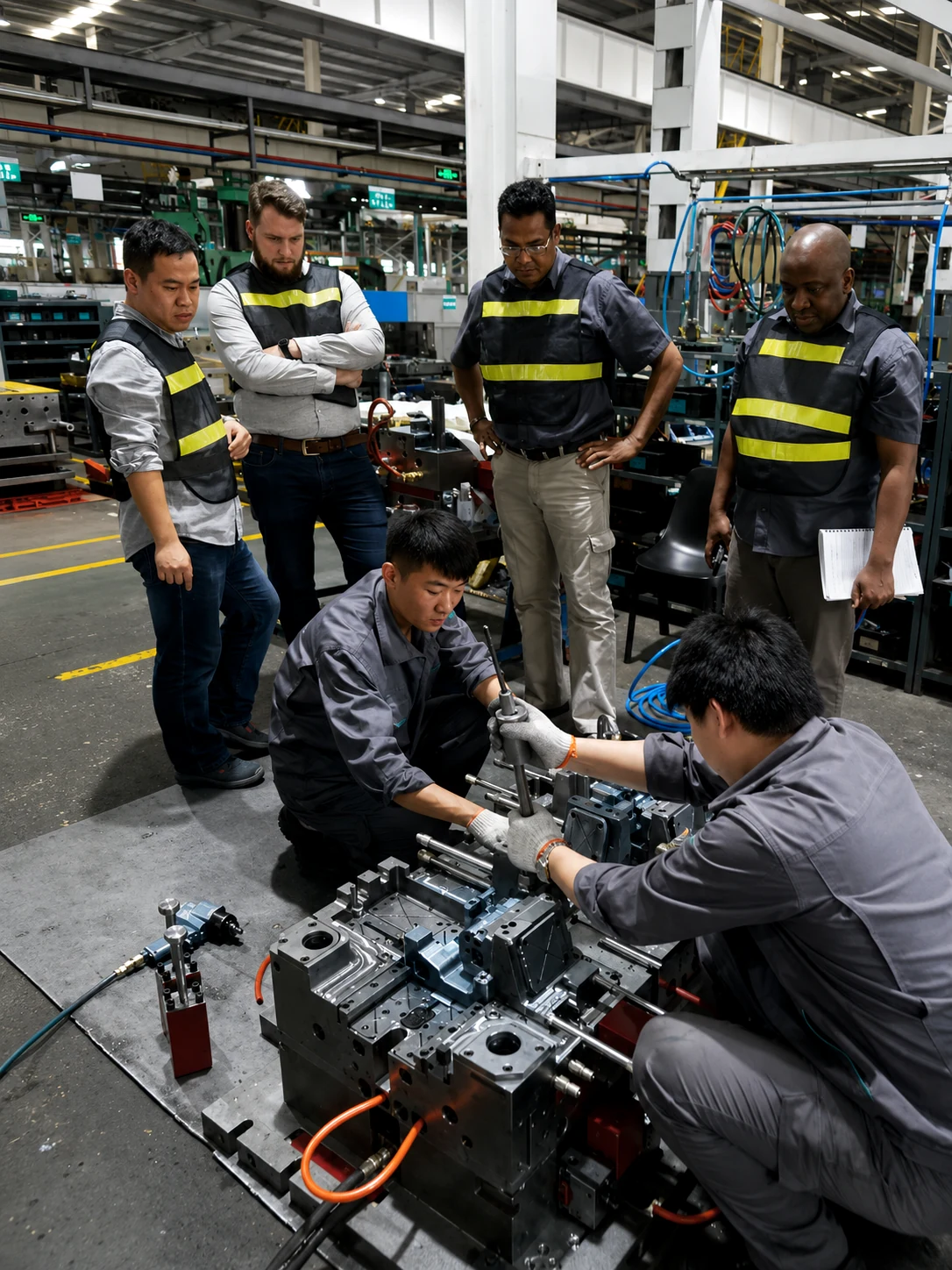 Cross-functional team conducting a tooling inspection and technical review