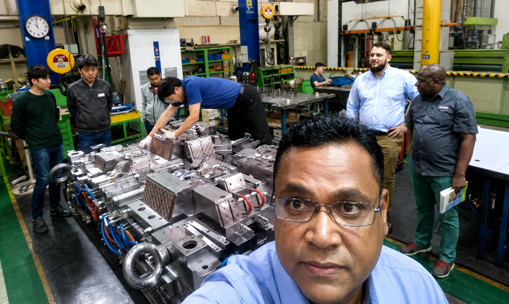 International team conducting post-trial automotive tooling inspection and technical review